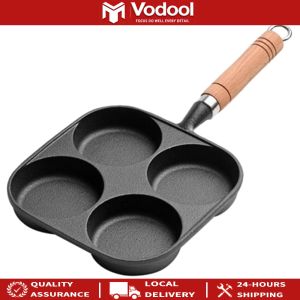 4-Hole Non Stick Omelet Pan Breakfast Burger Egg Pancake Maker Wooden Handle Cookware Pancake Pan for Gas Stove Induction Cooker