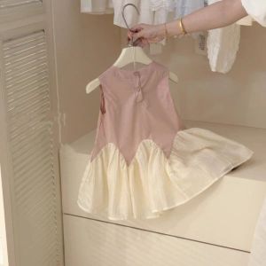 ชุดเดรสเจ้าหญิงเด็กผู้หญิงลูกไม้สำหรับเด็กอายุ2-7ปีชุดเดรสแบบเกาหลีของเด็กผู้หญิงแขนกุดคอกลมทรงหางปลาน่ารักเดรสผ้าต่อฤดูร้อน