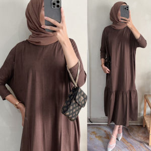 VNY Midi Dress Batwing Gamis Wanita Tunik Kaos Oversize Baju Lebaran Ruffle Katun Combed by Ziggy