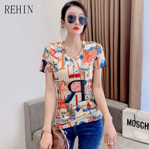 REHIN Womens T-shirt summer new fashion unique prints V-neck cotton short-sleeved T-shirts All-match bottoming shirt chic tops