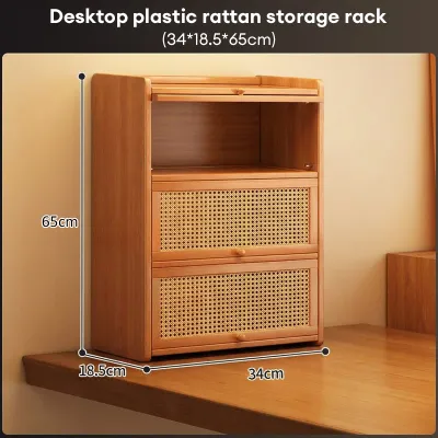 Bamboo Storage Cabinet For Storing Mugs And Teacups Features Open Shelves And Rattan Doors Ideal For Creating A Tidy Desktop Environment