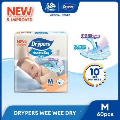 Drypers Wee Wee Dry Baby Diapers NB60/ S80/ M60/ L58/ XL50/ XXL40 (1 Pack) - Super Dry Soft & Fit