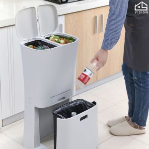 Vision 3 Layers Kitchen Garbage Waste Bin Movable Dry-Wet Sorting Bin Household Sorting Trash Can Floor Standing Plastic Garbage Sorting Paper Basket With Cover