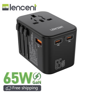 Lencent Gan III 65W Bộ điều hợp du lịch Universal Bộ sạc tường trên toàn thế giới với 1 cổng USB & 2 bộ sạc nhanh USB-C PD cho iPhone Samsung Laptop MacBook Type A/C/G/I (Hoa Kỳ/UK/EU/AUS)