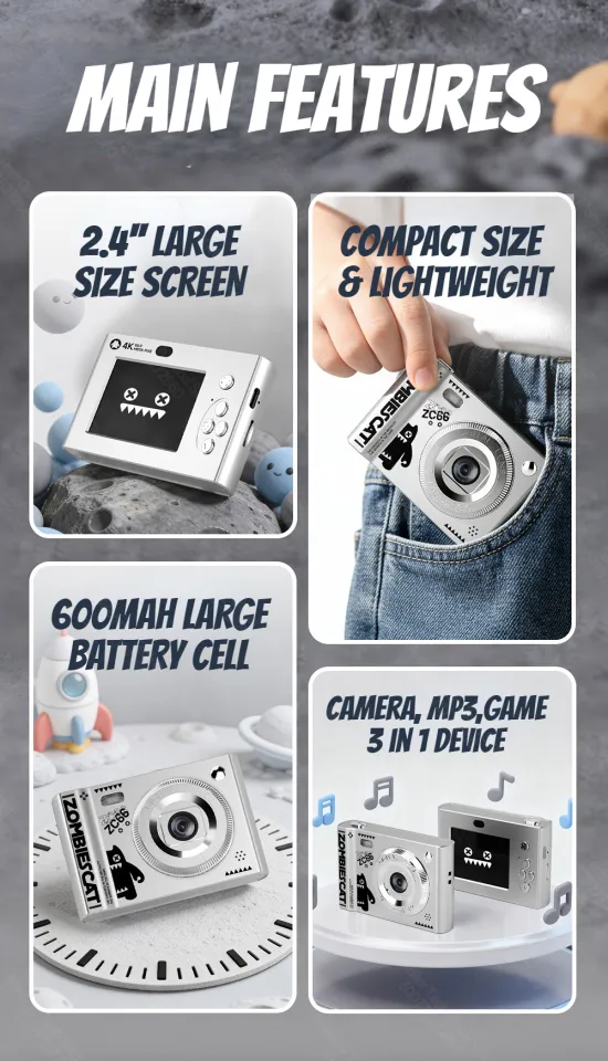 ZOMBIESCAT XJ01 4K Digital Camera CCD 2.4'' Screen Selfie Camera