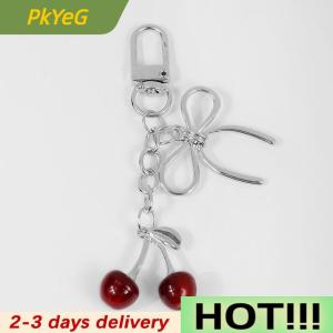 PkYeG Red Cherry Keychain Chain Bowknot Charm Pendant Keyring Jewelry For Girl Women Gift Bag Decoration