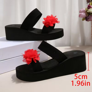 [Free Shipping] New Plus-Size Thick-Soled Lightweight One-Strap Sandals For Women Featuring Floral Designs And A Wedge Heel Perfect For Casual Beach Wear