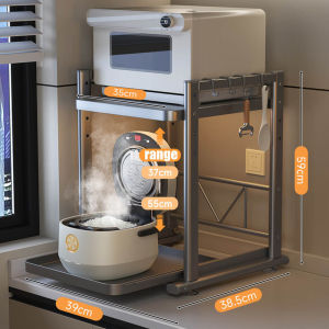 2/3 Layer Microwave Oven Rack Organizer Kitchen Pull Out Rack Organizer Microwave Stand Countertop Adjustable Height Expandable Carbon Steel Storage Shelf Free Hooks