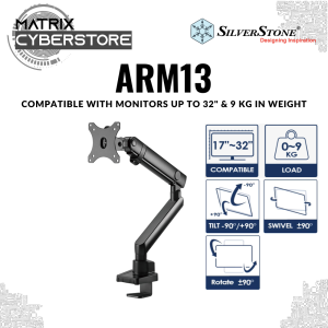 SilverStone ARM13 Single Monitor Arm - Mechanical Spring Design & Versatile Adjustability | Fits up to 32" & 9KG VESA Cable Management Grommet & Clamp Mount Bases