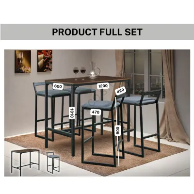 2M-BT001 Modern Wooden Bar Table With Steel Frame & 2M-CT001 (4 Units) High Bar Stool