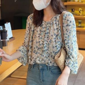 AB [ready stock] New Style Korean Version Floral Long-Sleeved Ladies Chiffon Shirt French Style Top Round Neck Design Pullover Shirt Loose Plus Size