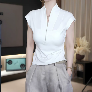 Half zip stand up collar with flying sleeves white T-shirt for women 2026 summer Korean slim fit and slimming base shirt top