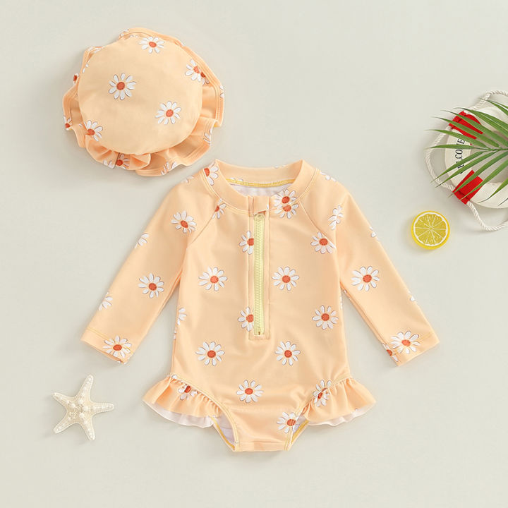 【Forever CY Baby】Baby Girls Swimsuit, Long Sleeve Flower Print Zipped
