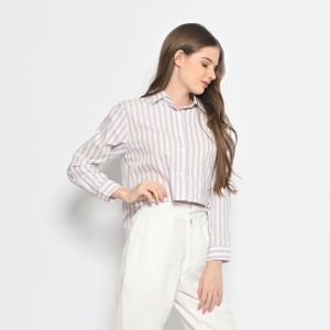 QUEENTIN Kemeja Crop Wanita 0365 Katun Yarn Dyed Motif Salur Lengan Panjang