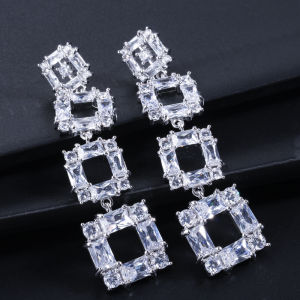 SEQUITO Ladies White Gold Color Long Dangle Drop Earrings Inlay Baguette Cut Multi Color AAAAA Zirconia Rectangle Hollow Big Party Ear Jewelry with 925 Silver Pin SE722