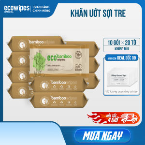 Túi 10 gói khăn ướt EcoBamboo 20 khăn/gói vải sợi tre sinh thái kháng khuẩn dùng được cho da mụn