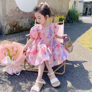Girls Summer Pink Dress 2024 New Sweet Cartoon Fashionable Lace Bubble Sleeve Princess