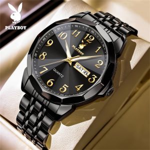 PLAYBOY watch for men original waterproof dual calendar luminous fashion diamond dial stain steel strap with gift box