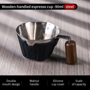 BINCOO Espresso Cup Wooden Handle Coffee Extraction Mug 304 Stainless Steel Measuring Cup 90ML