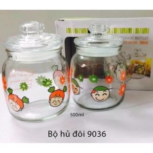 Bộ 2 Hũ Thủy Tinh 500ml NO_9036 Họa Tiết Xanh Xắn - Hũ Đụng Gia Vị Thực Phẩm Decor