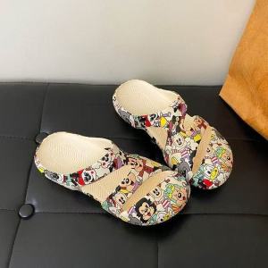 [Free Shipping] Cute Cartoon Print Closed-Toe Slippers for Summer Outdoor Wear Breathable Soft Sole Non-Slip Beach Slippers for Women
