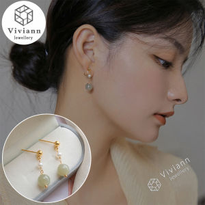 Viviann Original Hetian Jade Earrings Ear clip 14k Gold Pearl Jade Earrings for Women Fine Jewelry Gold Pearl Stud Earrings Girls Accessories Ear Cuffs Without Piercing Ear Clip Earrings