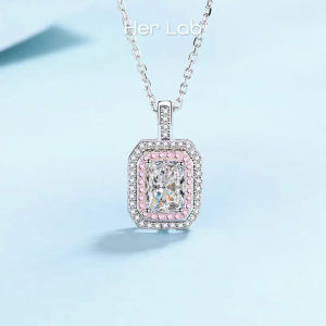 Her Lab Jewelry | S925 sterling silver emerald cut diamond pendant necklace square 1 carat moissanite pink full diamond womens necklace GRA certified fashion non-fading Korean jewelry Valentines Day gift