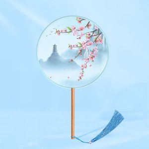 ECOCOKU Ancient Round Hand Fan Ink Painting Chinese Style Dance Silk Fan Decorative Fans with Tassel Embroidery Fan for Hanfu