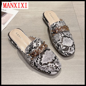 MANXIXI Fashion Loafers Beautiful Gold Chain Snake Skin Patten Mules Sandals For Women (Size 35-43)