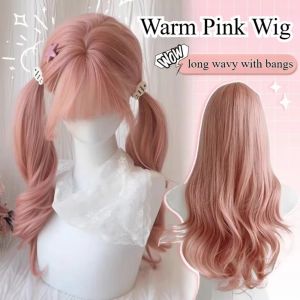 NBANLIKE Tổng hợp Tóc giả màu hồng mềm mại đội được cả đầu 24 inch Mô phỏng Da Đầu Lớn Tóc giả dài xoăn có mái Lolita Mềm mại Tóc giả cosplay gợn sóng dành cho phụ nữ
