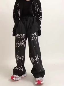 ตัวอักษรกราฟฟิตี้ กางเกงขากว้างวินเทจสำหรับผู้ชาย กางเกงฮิปฮอปหลวมสำหรับผู้ชาย กางเกงหลวมอเมริกันสำหรับผู้หญิง กางเกงตัดตรงสบายสำหรับผู้ชาย