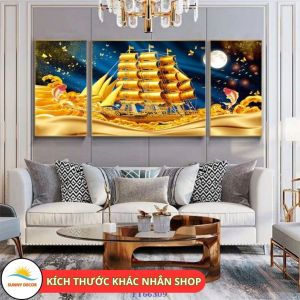 Tranh Treo Tường Thuận Buồm Xuôi Gió 3 Tấm Chất Liệu Tráng Gương Cao Cấp Trang Trí Phòng Khách Mang Tài Lộc Thịnh Vượng