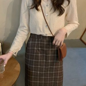 LEONNA Mi-na Shirt Long Sleeve Kemeja Polyester Waffle Wanita Lengan Panjang Casual Korean Style
