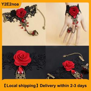【Local shipping】 Hot New Elegant Gothic Style Lace Red Rose Bracelet with Adjustable Finger Ring