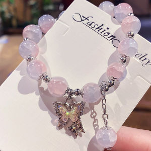 Ready Stock Butterfly Glass Bracelet Female Ins Niche Design Hand Jewelry Fairy Sweet Color-beaded Bracelet