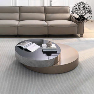 Bàn trà sofa bàn phòng khách bàn cafe nhập khẩu Benson Minotti Elip xoay 2 tầng inox Đồng xước