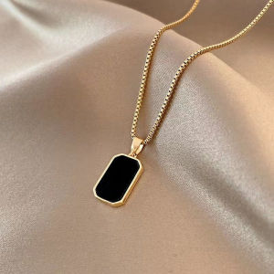 Pharaoh🎀Kalung Persegi Hitam Titanium 18K untuk Wanita Liontin Anti Luntur Aksesori Hadiah Pernikahan Kalung