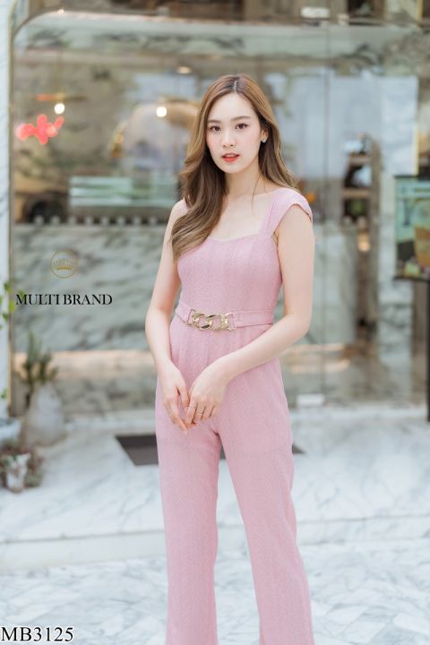 Multi Brand ชุดจัมพ์สูท จั๊มสูทขายาวลูกไม้มีซับ สีชมพู