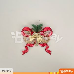 Dekorasi Pita Natal Glitter Plastik (V28) | Hiasan Pohon & Parcel Merry Christmas | Emas Merah