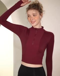 Women Sport Shirts with Kangaroo Pocket Half Zipper Slim Yoga Running Dancing Exercise Daily Tops