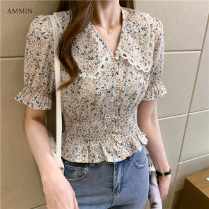 AMMIN  summer new product French short-sleeved lapel short style elastic waist floral chiffon shirt puff sleeve lace patchwork western style blouse top