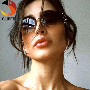 CLIBER New In Rimless One-Pieces Sunglasses Women 2000s Y2k Fashion Sunglass Female Vintage Wrap Around Star Sun Glasses For Ladies newcln
