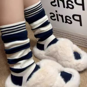 Fashion Striped Double Layer Spliced Leg Warmer Women Winter Warm Calf Stocking Patchwork Color Long Tube Stockings Leg Cover