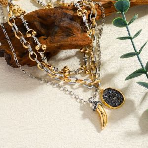 EIJINGY พูดเกินจริง ต่างหูสร้อยคอจี้เขาวัว ความรู้สึกขั้นสูง ไม่สม่ำเสมอแบบปกติ โซ่สเวตเตอร์ แฟชั่นสำหรับผู้หญิง สร้างสรรค์และสร้างสรรค์ โซ่กระดูกไหปลาร้า สำหรับผู้หญิงผู้หญิง