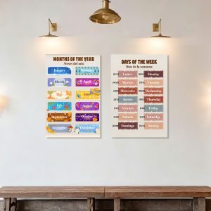 (with Frame) English‑Spanish Bilingual Learning Wall Art Months of The Year Days of Week Canvas Print for Children Playroom Classroom Decoration