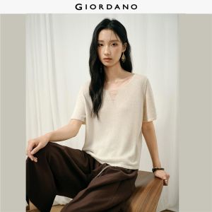 Giordano Women Linen-blend notch neck short sleeve knitwear Free Shipping 18356716