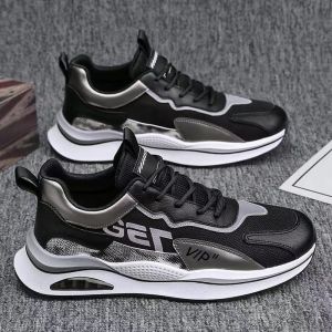 Men Korean Fashion Breathable Mesh Lace Up Sports Sneakers Black Rubber Shoes Comfortable Casual Shoes For Men On Sale