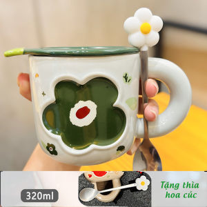 Cốc Sứ Hoa Cúc Có Nắp Tặng Kèm Thìa Bông Hoa Thích Hợp Cafe Văn Phòng Tặng Quà