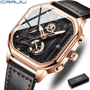 CRRJU Fashion Square Dial Kulit Jam Tangan Pria Mewah Olahraga Tahan Air Watch Man Chronograph Quartz Jam Tangan + Kotak