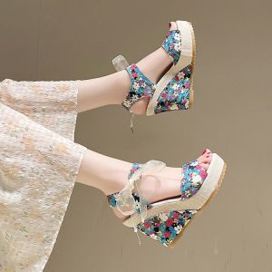 [Free Shipping] Summer New Style Sandals For Women Bohemian Fashion Wedge Heel Lace-Up Open-Toe High Heels